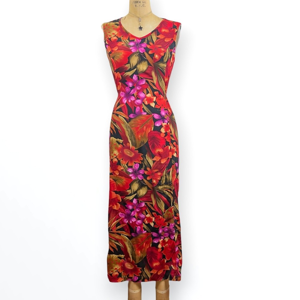 90's Floral Maxi Dress Tie Back Sleeveless Lightweight Rayon Garden Party Size M